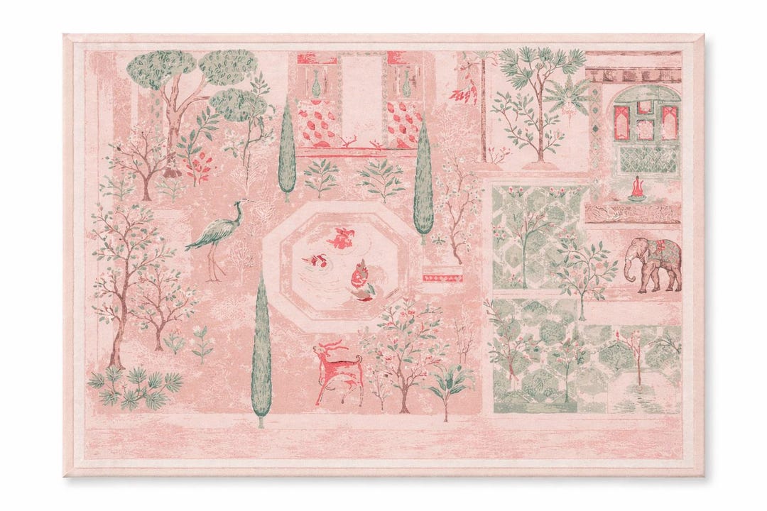 Pink Rug Pattern Landscape Light Pink Coastal Washable Area Rug, Palm Tree Garden Rug, Cottagecore ...