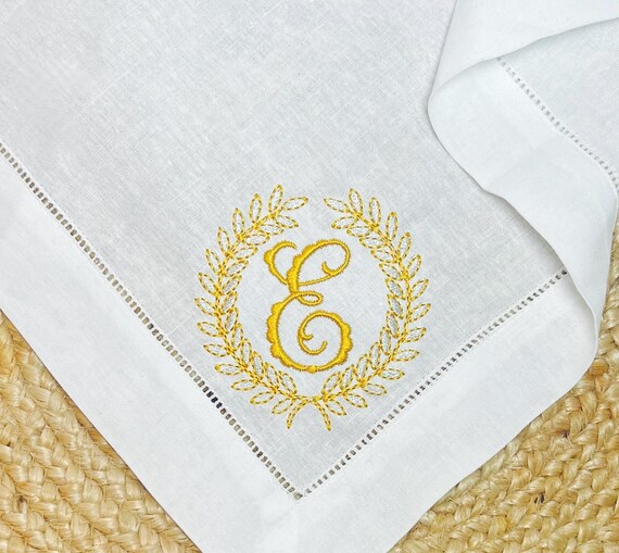 Embroidered Laurel Monogrammed Wedding Napkins, Linen Table Napkins, Classic Hemstitch Linen Napkins, Set of Dinner Party Napkins, 20 x 20