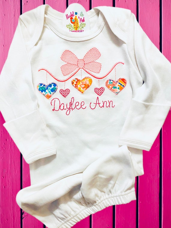 Valentine's Day, Personalized, Embroidered, Sweet, Falling Hearts, Bow, Going Home, Appliqué, Layette, Gown, Outfit.