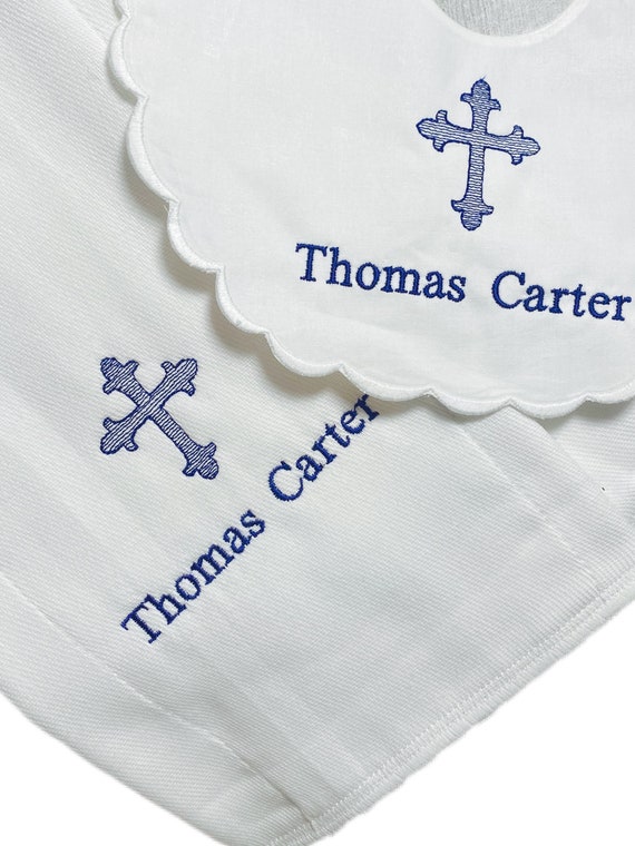 Embroidered Personalized Cross Bib and Burp Cloth Set, Baptism Gift, Christening Baby Set, Baby Shower Gift