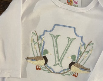 Gown Set, Embroidered Monogram Mallard Ducks Going Home Outfit, Boys/Unisex Layette Gown, Baby Girls Duck Bloomers, Duck Lovers Baby Shower