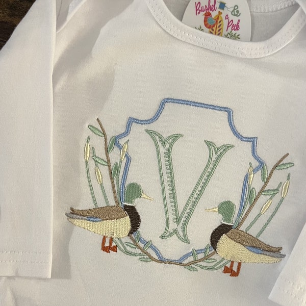 Gown Set, Embroidered Monogram Mallard Ducks Going Home Outfit, Boys/Unisex Layette Gown, Baby Girls Duck Bloomers, Duck Lovers Baby Shower