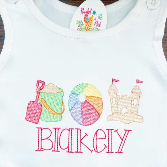 Embroidered Beach Unisex Bubble Sunsuit, Sand and Sandcastle Bubble/Shirt, Personalized Beach Kids Shirt, Beach Vacation Toddler Outfit