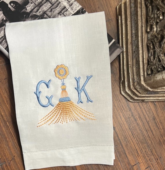 Personalized, Monogram, Embroidered Tassel Linen Guest Towel, Wedding, Hostess, Tea Towel, Gold and Blue Linen, New Home Gift