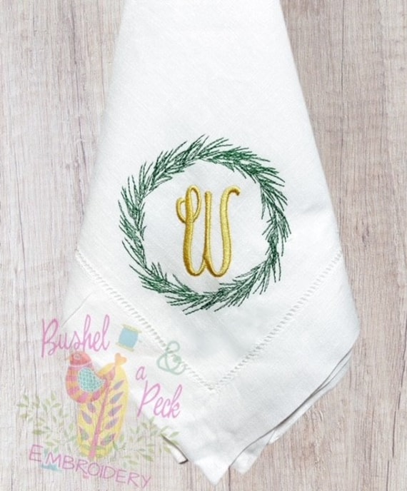 Personalized, Monogrammed, Embroidered, Classic Hemstitch Dinner Napkins, Christmas, Fraser, Holiday, Wreath, 20 x 20, Set of 4, 6, 12
