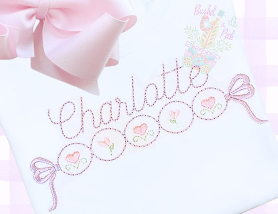 Valentines Day Girls Hearts and Flowers Shirt, Toddler Girls Ruffled Name Top, Baby Bows and Flowers Shirt, Embroidered, White Heart Shirt