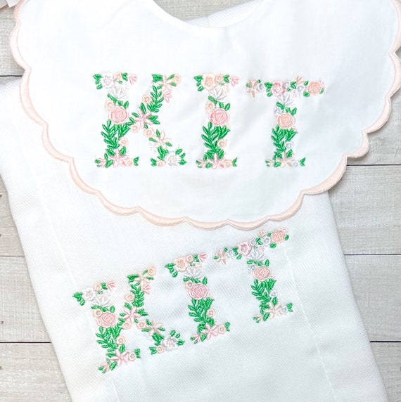Personalized, Flowered Name Bib, Embroidered Floral Burp and Bib, Baptism, Birth, Heirloom, Scalloped, Pink, Blue, Lavender, Green, Girl Set