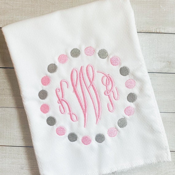 Embroidered, Monogram, Baby Girls, Polka Dot Border, Burp Cloth, Custom, Handmade, Gift