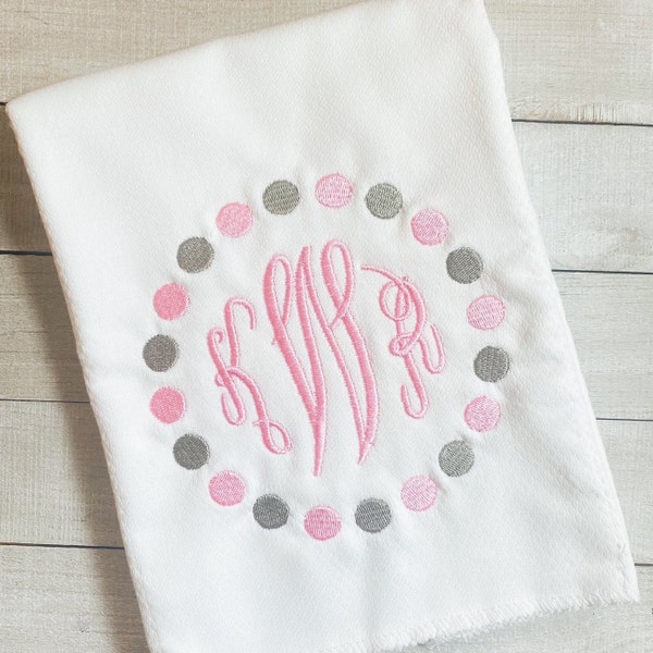 Embroidered, Monogram, Baby Girls, Polka Dot Border, Burp Cloth, Custom, Handmade, Gift