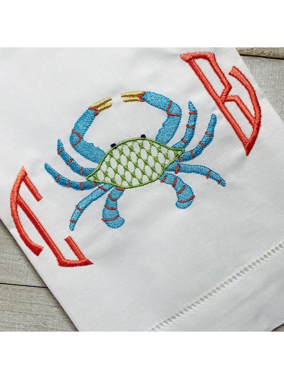 Personalized, Monogram, Embroidered, Crab Beach, Linen Guest Towel, Wedding, Hostess, Tea Towel, Gift