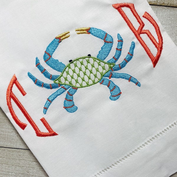 Personalized, Monogram, Embroidered, Crab Beach, Linen Guest Towel, Wedding, Hostess, Tea Towel, Gift