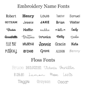 May include: A list of embroidery and floss fonts for names, including Robert, Henry, Louis, Jessie, Jake, Maddie, Annabelle, Brittanic, Veronica, Ellie Mae, Bridgette, Jennie, Gracie, Riley, Archie, Grant, Alison, Bruce, Benjamin, Victoria, Vanilla, Katie, Lemon, Mason, Leslie, Maggie, Grayson, and Oscar.