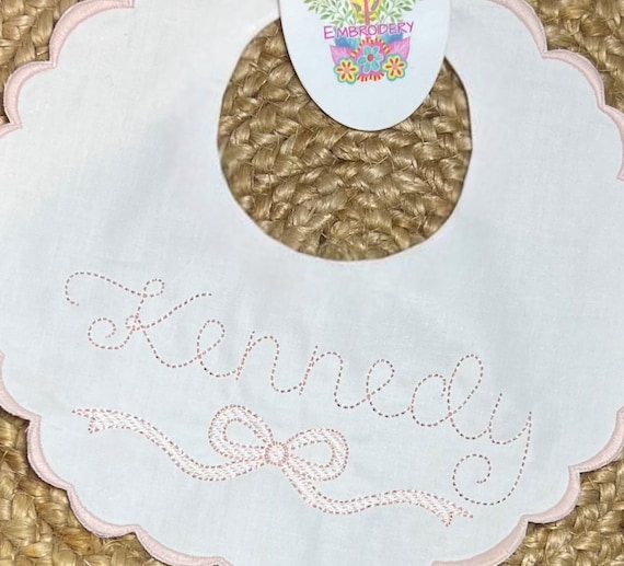 Embroidered Baby Bib, Baby Christening Gift Heirloom Scalloped White with Bow Bib, Pink Name and Bow Bib, Sweet Newborn Gift, Baby girl Bib