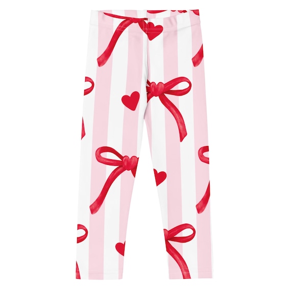 Bows and Hearts Toddler Leggings, Girls Valentine's Leggings with Stripes