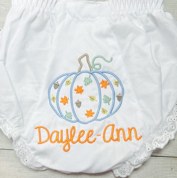 Fall Pumpkin Girls Bloomers, Fall Diaper cover, Baby and Toddler Pumpkin Bloomers, Cotton, Baby Eyelet Trim Bloomers, Fall Leaves Bloomers