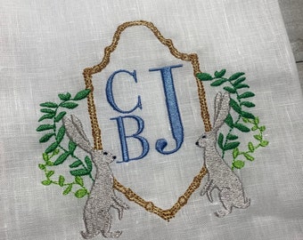 Personalized Embroidered Gold Crest Guest Towel, Bunny Linen, Bunny Rabbit Home Decor, Monogrammed Guest Towel, Tea Towel Gift