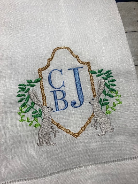 Personalized, Embroidered, Monogram, Gold Crest, Bunny, Spring, Home Decor, Guest Towel, Gift