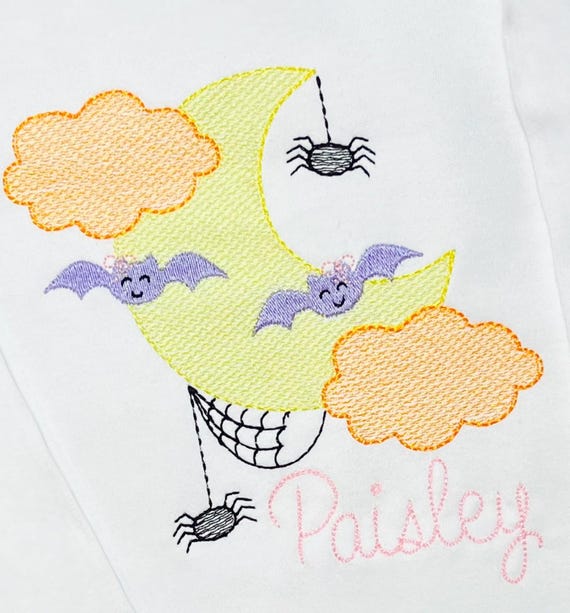 Girls Halloween Batty Moon Shirt, Embroidered Spider and Bat Shirt, Personalized Toddler Halloween Shirt, Girls Halloween Bat Top, Kids Gift
