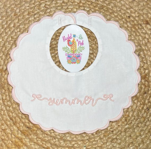 Embroidered Baby Bib, Baby Christening Gift Heirloom Scalloped White with Bow Bib, Pink Name and Bow Bib, Sweet Newborn Gift, Baby girl Bib