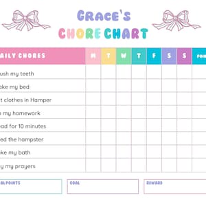 Puede incluir: Un cuadro de tareas domésticas rosa y azul con el título "GRACE'S CHORE CHART". El cuadro tiene una cuadrícula con los días de la semana en la parte superior y las tareas domésticas diarias enumeradas a un lado. Hay espacios para llevar un registro de los puntos ganados por completar las tareas, una sección de puntos totales y espacios para una meta y una recompensa.