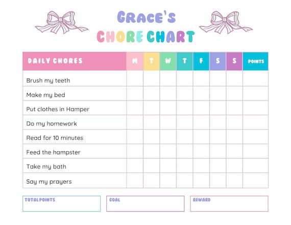 Printable Chore Chart for Kids, Reward Chart, Kids Chore Chart, Responsibility Chart, Chore Chart, Editable PDF, JPG Chart Instant Download
