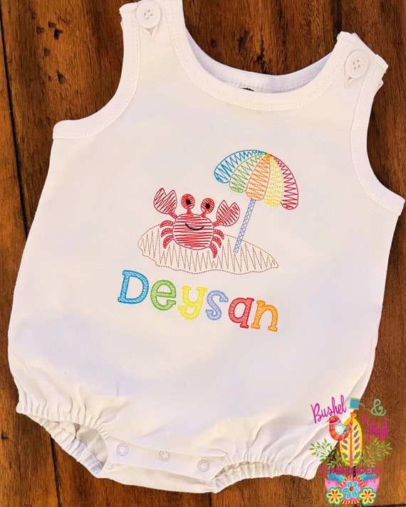 Embroidered Beach Crab Kids Shirt, Unisex Crab and Umbrella Bubble/Shirt, Personalized Beach Kids Sunsuit, Beach Vacation Toddler Outfit