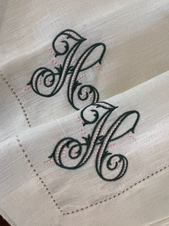 Embroidered Ivory Napkins, Table Napkins, Classic Hemstitch Linen Napkins, Set of Dinner Party Napkins, Monogrammed 20 x 20 Dinner Napkins