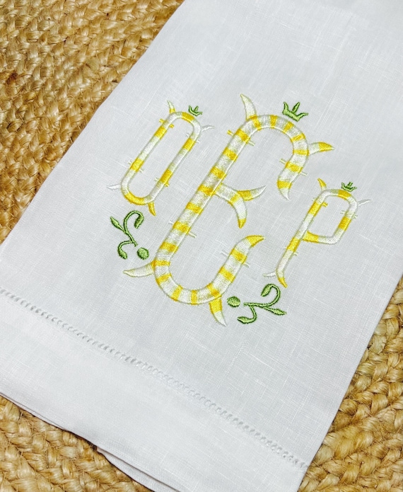 Monogrammed Yellow and White Hemstitch Linen Guest Hand Towel, Embroidered Linen Tea Towel, Housewarming Gift, Perfect Hostess Gift, Tea