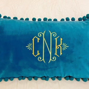 Embroidered Monogrammed Sunburst Velvet Lumbar Throw Pillow with Insert, Velvet Pom Pom Pillow Cover with Insert. Personalized Pillow Decor