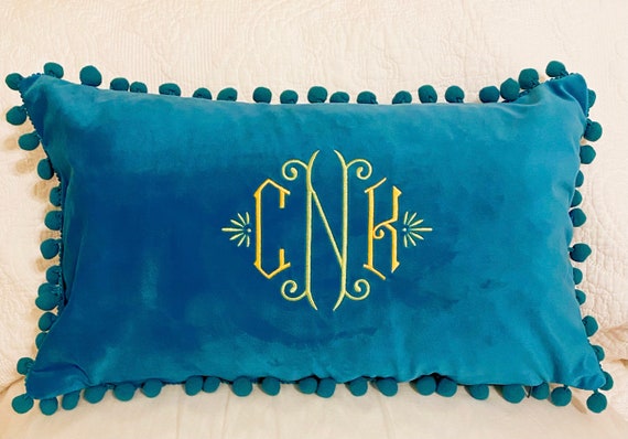 Embroidered Monogram Velvet Lumbar Throw Pillow with Insert.