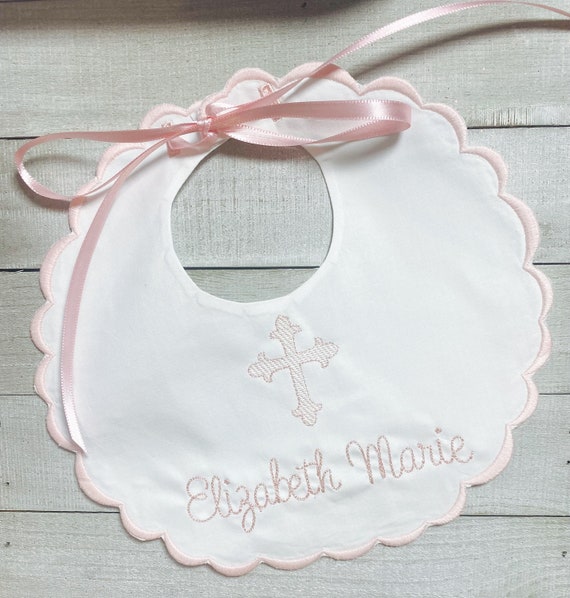 Personalized Embroidered Baby Baptism Bib, Christening Bib, Heirloom Cross Bib