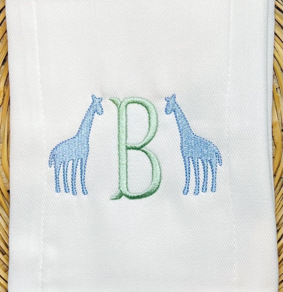 Unisex Giraffe Monogram Burp Cloth, Embroidered Zoo Bib, Bib and Burp Set, Baby Shower Gift