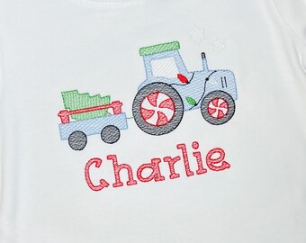 Christmas Tree and Tractor Shirt, Unisex ChristmasTractor Embroidered Long Sleeve, Tree Farm Short Sleeve, Christmas Lights Farm Kids Shirt