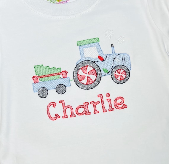 Christmas Tree and Tractor Shirt, Unisex ChristmasTractor Embroidered Long Sleeve, Tree Farm Short Sleeve, Christmas Lights Farm Kids Shirt