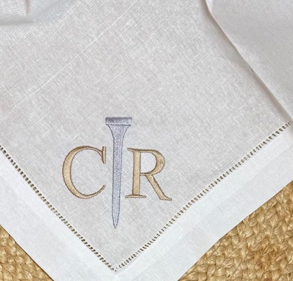Embroidered Monogrammed Golf Tee Linen Dinner Napkins – 20x20 Classic Hemstitch Tee Time Table Decor