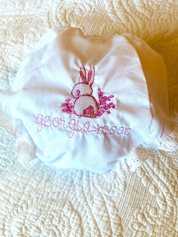 Embroidered Spring Bunny Rabbit Eyelet Bloomers, Personalized Bunny Diaper Cover, Toddler/Baby Bloomers, Sizes 1-6