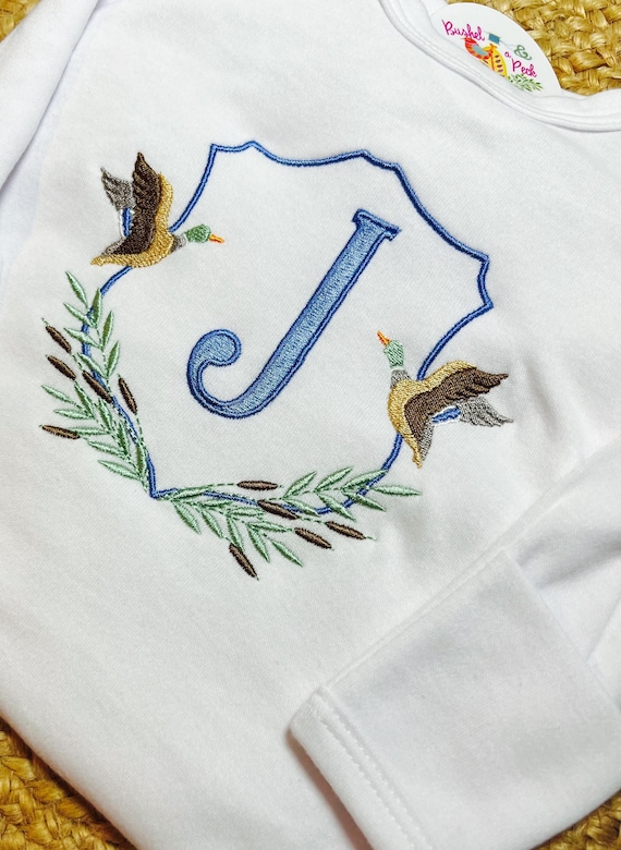 Gown Set, Embroidered Monogram Mallard Ducks Going Home Outfit, Boys/Unisex Layette Gown, Baby Girls Duck Bloomers, Duck Lovers Baby Shower