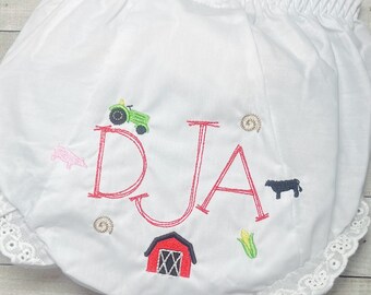 Farm Gown Set, Embroidered Monogram Farming Going Home Outfit, Tractor Layette Gown, Baby Girls Barn Bloomers, Country Baby Shower, Cow Baby