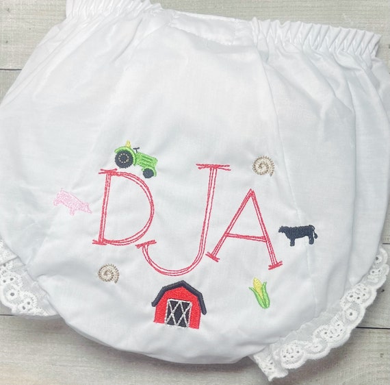 Farm Gown Set, Embroidered Monogram Farming Going Home Outfit, Tractor Layette Gown, Baby Girls Barn Bloomers, Country Baby Shower, Cow Baby