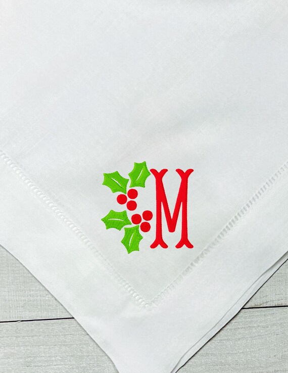 Embroidered Monogrammed Holly Berry Table Napkins, Classic Hemstitch Linen Christmas Napkins, Set of Dinner Party Napkins, Holiday Linens
