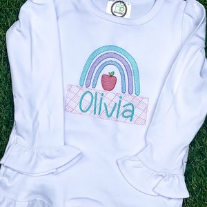 Rainbow and Gingham Apple Embroidered Back to School Shirt, Girls School Outfit, Long Sleeve or Short Sleeve Toddler Girls Apple Shirt
