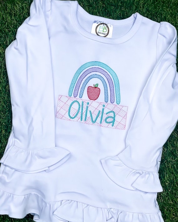 Rainbow and Gingham Apple Embroidered Back to School Shirt, Girls School Outfit, Long Sleeve or Short Sleeve Toddler Girls Apple Shirt