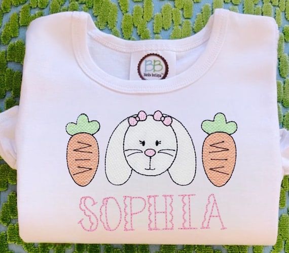 Embroidered Name, Girl Bunny with Carrots, Peter Cottontail, Rabbit Shirt, Long Sleeve, Short Sleeve, Toddler Girls Easter Shirt