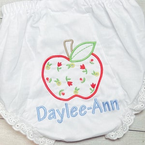 Monogrammed, Back to School Bloomers, School Diaper cover, Baby and Toddler Apple Bloomers, Cotton, Floral Eyelet Trim Bloomers, Sizes 1-6