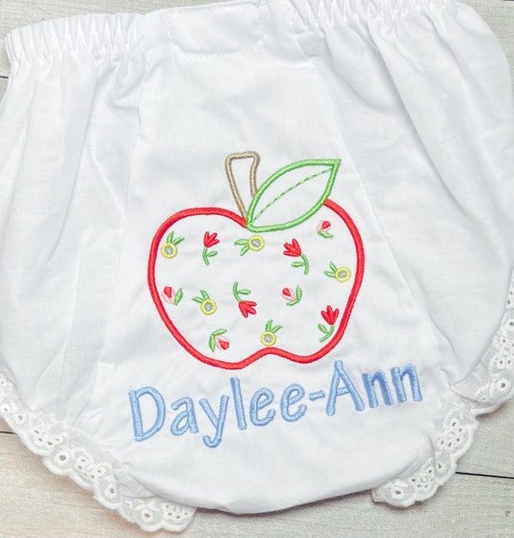 Monogrammed, Back to School Bloomers, School Diaper cover, Baby and Toddler Apple Bloomers, Cotton, Floral Eyelet Trim Bloomers, Sizes 1-6