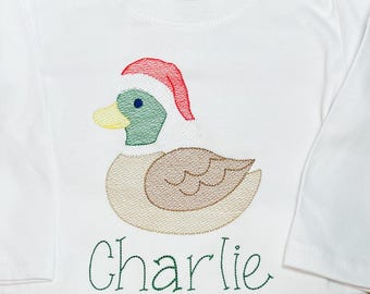パーソナライズされた刺繍のクリスマスサンタとアヒルのシャツ、クリスマスマラード長袖、半袖、フリル、無地、子供用ハンティング