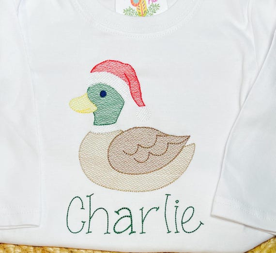 Personalized Embroidered Christmas Santa and Ducks Shirt, Christmas Mallard Long Sleeve, Short Sleeve, Ruffle, Plain, Kids Hunting