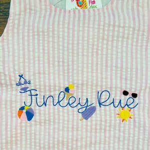 Pink Seersucker Bubble Romper, Baby and Toddler Pink Summertime Gingham Embroidered Bubble, Monogrammed Beach Bubble, Personalized Romper