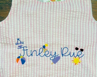 Romper burbuja seersucker rosa, burbuja bordada Gingham de verano rosa para bebés y niños pequeños, burbuja de playa monograma, romper personalizado