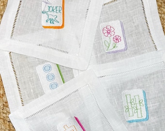 Embroidered Linen Mahjong Cocktail Napkins: Game Night Party Decor
